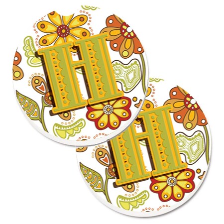 Carolines Treasures Letter H Floral Mustard and Green Set of 2 Cup Holder Car Coaster CJ2003-HCARC